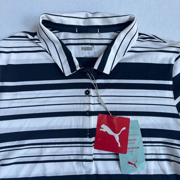 Puma Cloudspun Ribbon Polo Shirt Women's L Navy White Stripe Golf Wicking Preppy - Picture 2 of 8